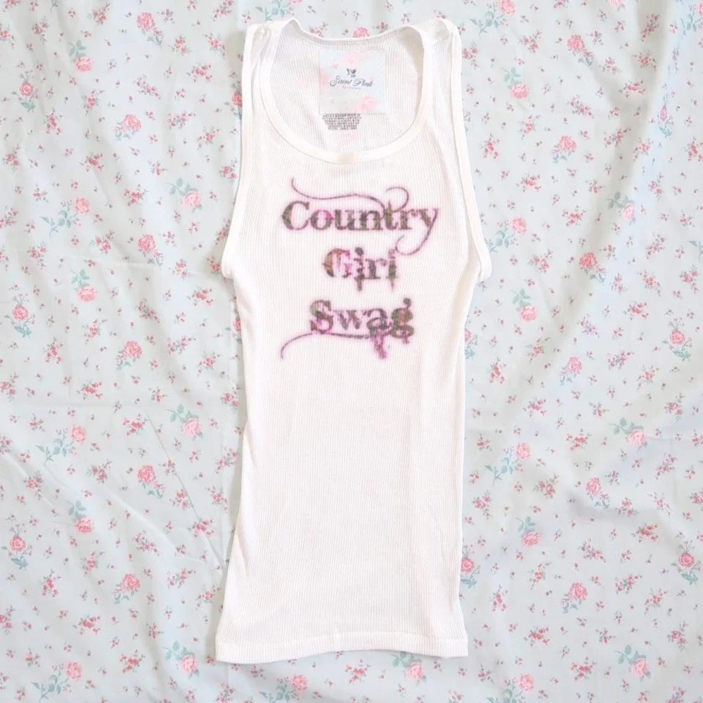 y2k country girl swag graphic ribbed tank top fitted cami western - Picture 1 of 8